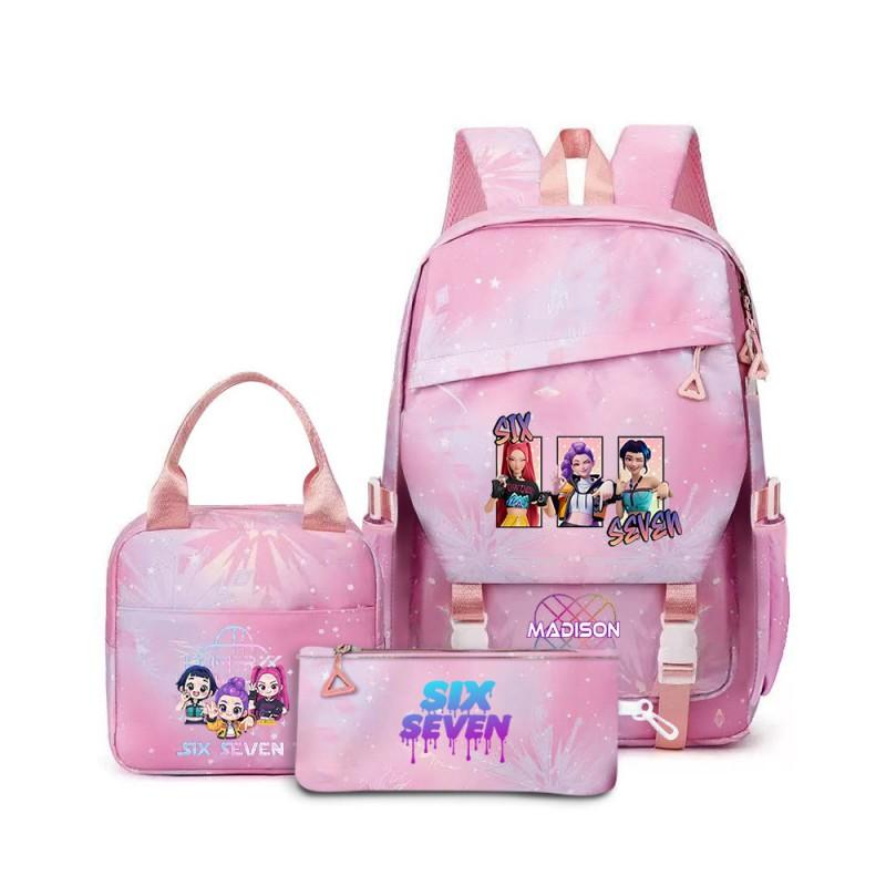 Kids Cartoon Print School Backpack Set Grades 3-4 Waterproof Oxford Fabric Ergonomic Shoulder Straps 3-Piece Travel Lunch