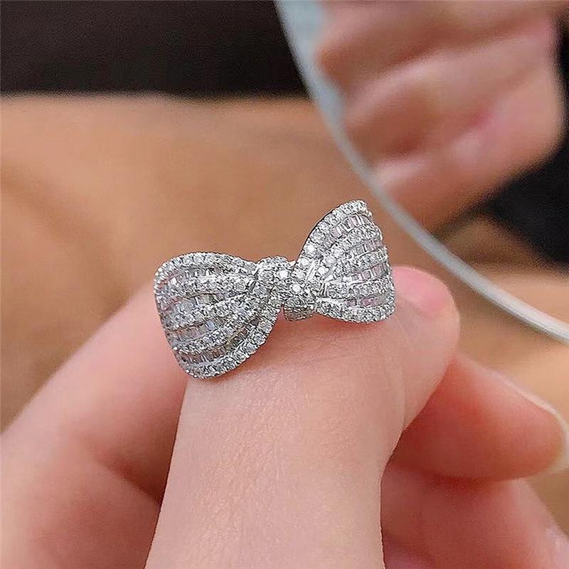 925 Sterling Silver Fancy Bow Ring with Dazzling CZ Women Finger Ring Newly Designed Wedding Bands Statement Accessories JewelryGood Product
