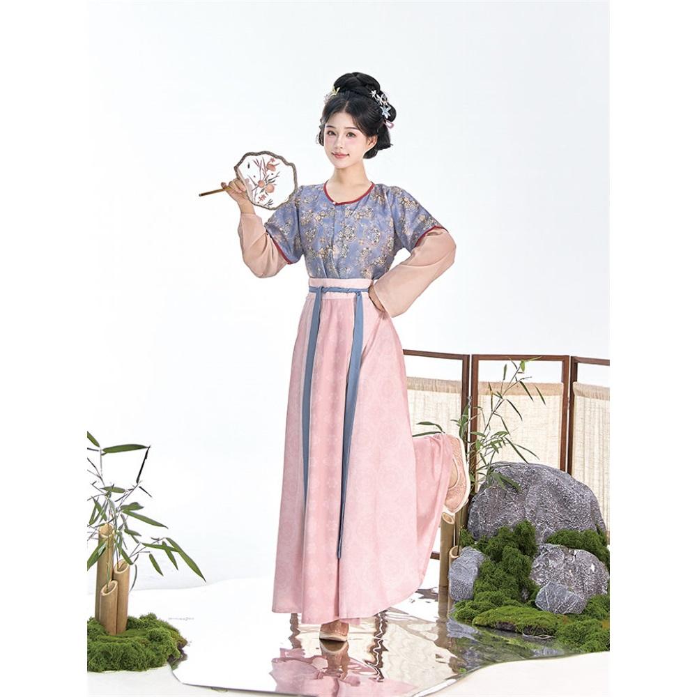 Restore The Chinese Tang Dynasty Style Hanfu Round Neck Shirt Tang Bei Zi And One-piece Skirt Daily Suit For Women