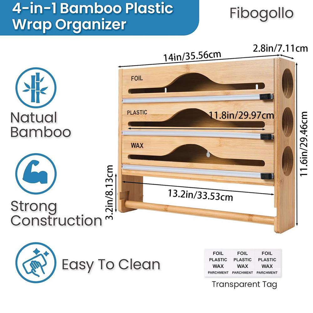 

Wrap Organizer with Cutter Plastic Wrap Aluminum Foil and Wax Bamboo Dispenser for Kitchen Storage Organization