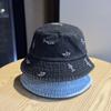2026New trendy denim bucket hat for women, spring and autumn, washed vintage with letter embroidery, versatile outdoor sun protection hat