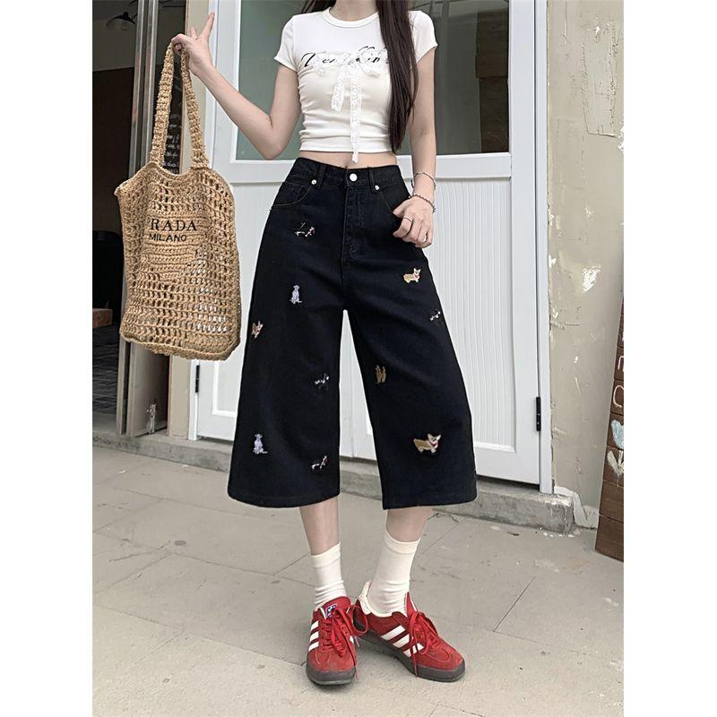 

Plus size Chubby Girl Puppy Embroidery Denim Cropped Pants Women Summer New Design Loose Slimming Straight Shorts Fashion Black seven points S