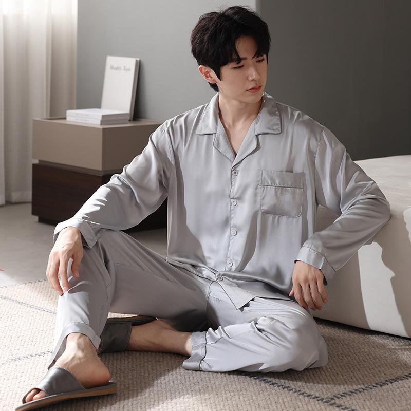 Pajamas Men'S Spring And Autumn Ice Silk Long Sleeve Thin Summer Simulation Silk Four Seasons Loungewear Suit