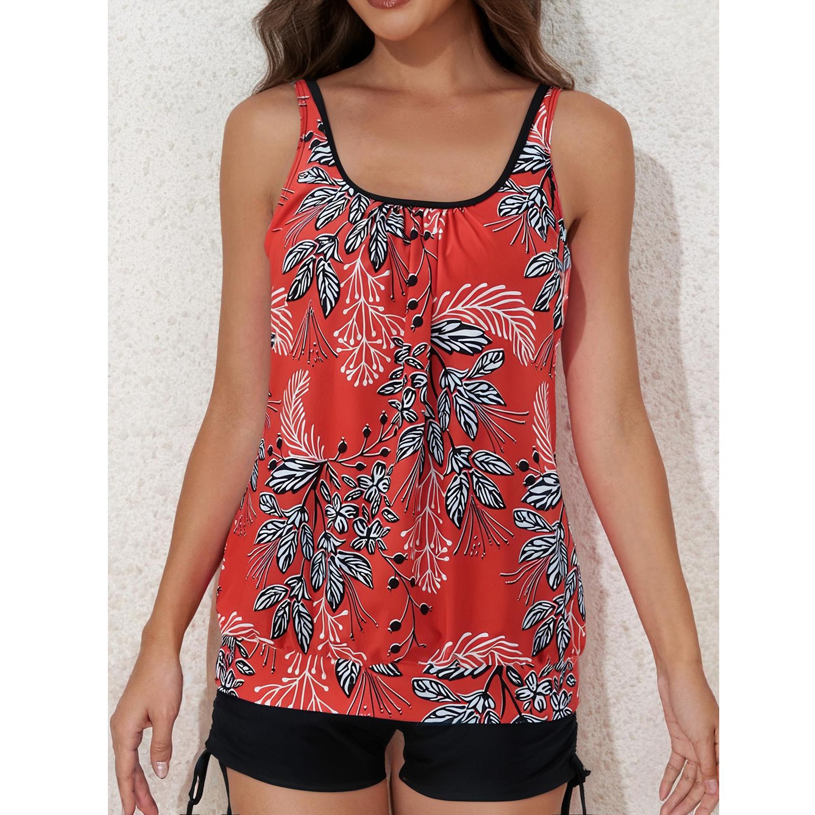 

Women’s Two Piece Tankini Swimsuit Set with Loose Fit Floral Print Top and Adjustable Drawstring Shorts Beachwear S красный