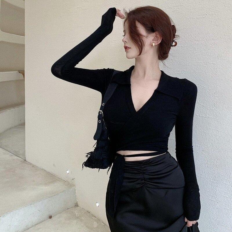 Women Pullovers Tops Waist Cross Bandage Solid Color Long Sleeve Tops V-Neck Spring Autumn