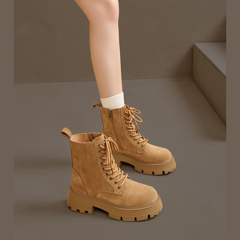 Thick-soled heightening Martin boots women's autumn and winter versatile velvet retro round-headed short boots thin boots