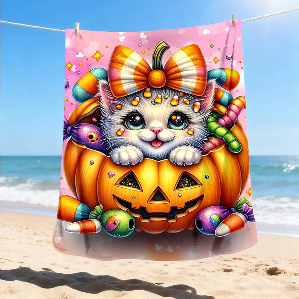 1pc Pumpkin Cat Candy Throw Blanket Polyester Fiber, Lightweight Flannel, Soft & Warm, All Season Use for Outdoor, Camping Digital Print