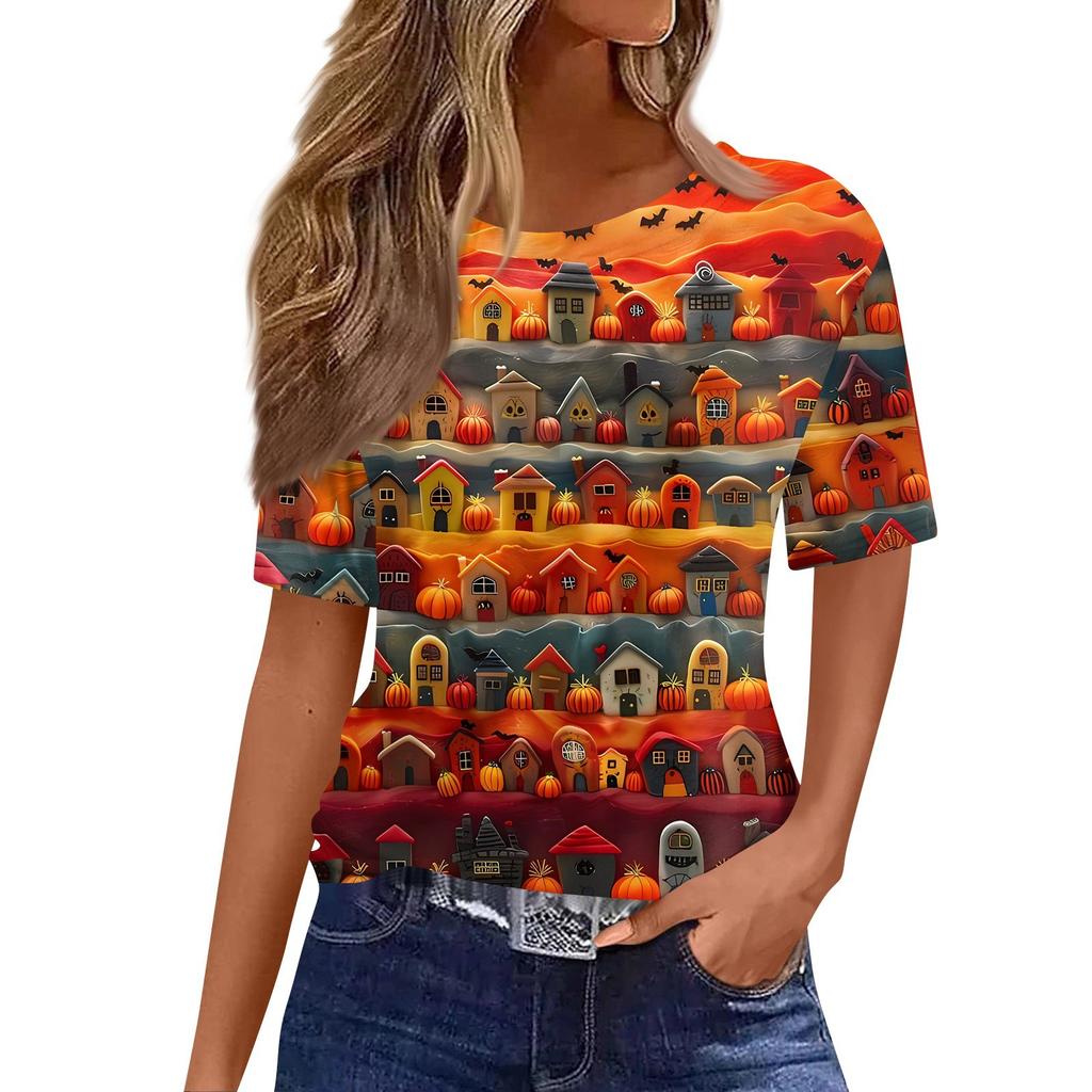 Women's Fashionable Casual Short Sleeve Halloween Print Round Neck Pullover Top
