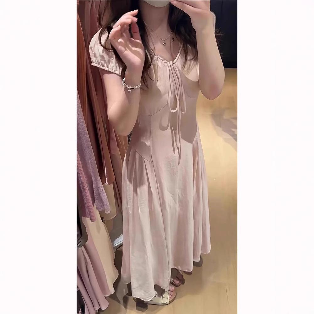 Holiday Style Pink Bow Strap Short-sleeved Dress Women's Summer Gentle Wind Temperament Waist A-word Skirt Long Dress