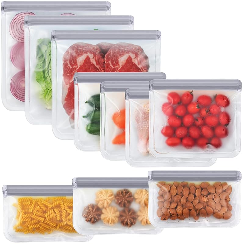 10 Pack Dishwasher Safe Reble Bags, Leakproof Reble Freezer Bags, BPA Free Food Storage Bags for Lunch Marinate Food Travel - 3 Gallon 3 Snack 4