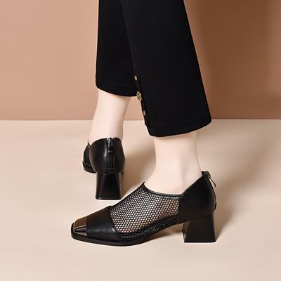 Netzschuhe Damen Frühling und Sommer neue Mode Eisenbeutel Kopf Reißverschluss hinten dicker Absatz Modeschuhe personalisierte High Heels