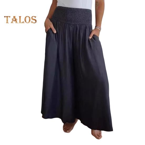 

Женские брюки свободного покроя, широкие эластичные повседневные брюки с высокой талией и карманами, однотонные универсальные длинные брюки L чёрный