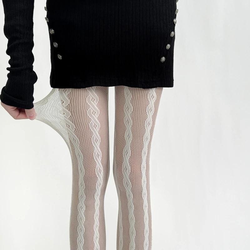 New Women Sexy Lace Mesh Fishnet Retro Pantyhose Thigh High Geometric Long Stocking Woman Personality Hosiery