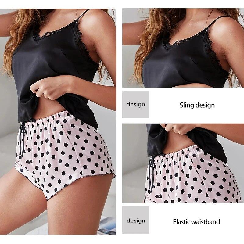 Nové letní dámské puntíkované kraťasy s potiskem a krajkou zdobené podvazky s výstřihem do V Top dámský sexy pyžamový set