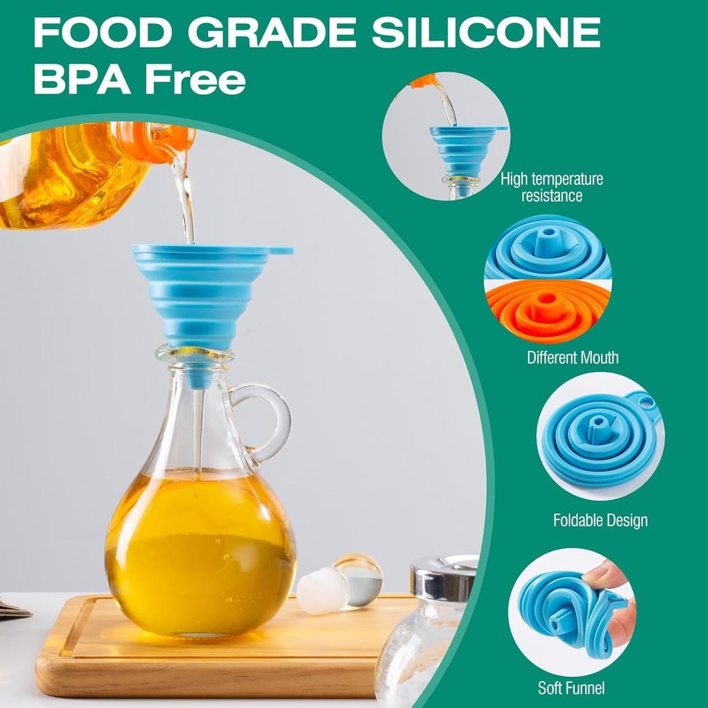 KALAVE Kitchen Funnel Set 6 Pack - Food Grade Silicone Collapsible Funnel, Funnels for Kitchen Use Filling Bottles, Daily Cooking, and Water or