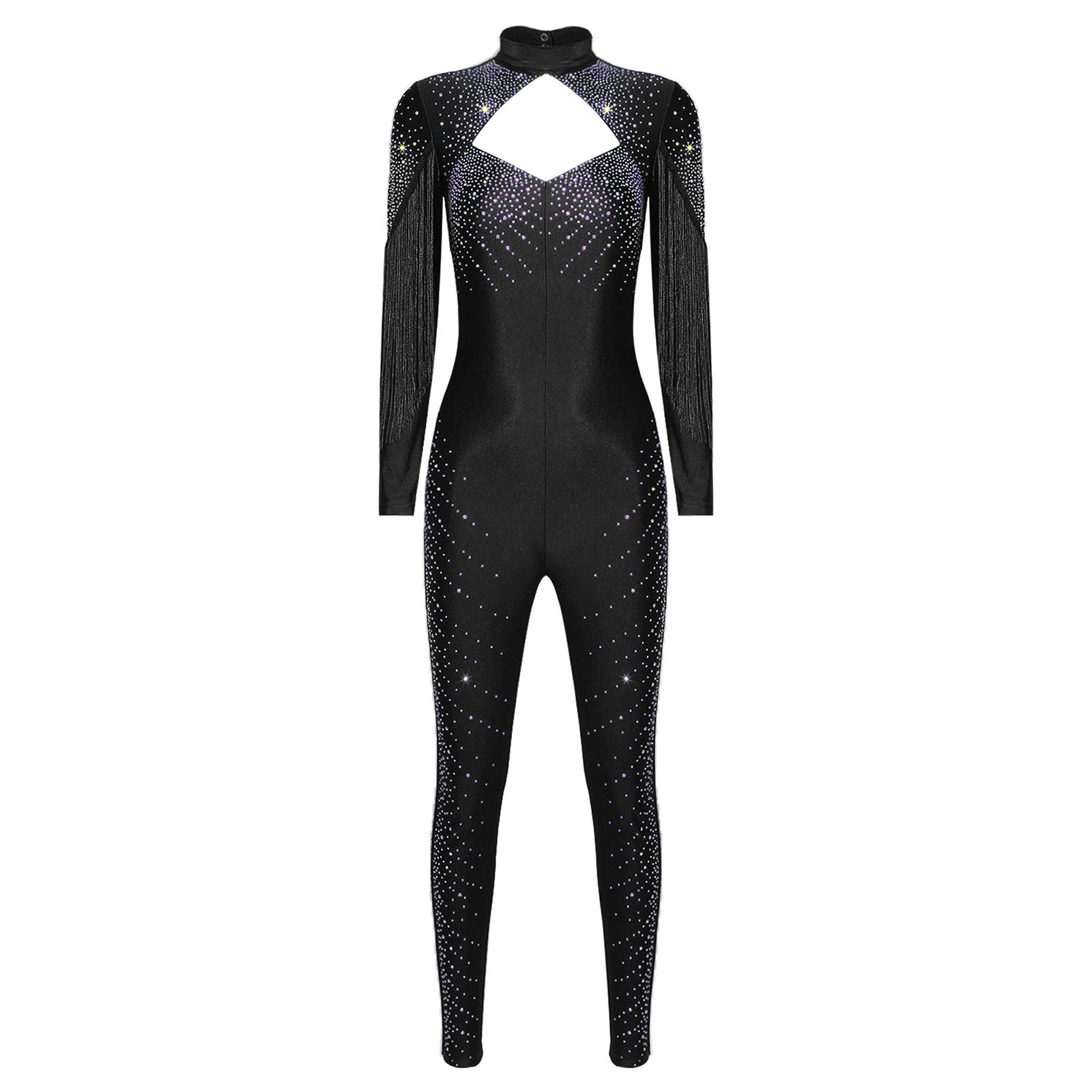 

Жіночий комбінезон для фігурного катання з блискучими стразами, довгим рукавом, дизайном з бахромою спереду, вирізом на спині та цілісним ромпером S чорний