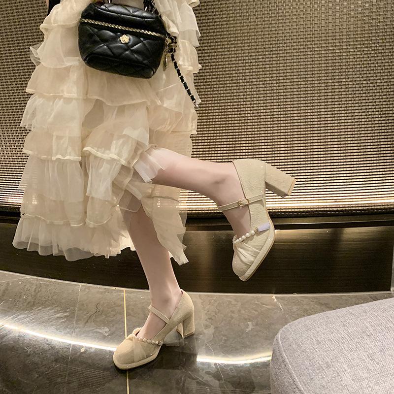 French Small Fragrant Style High Heel with Skirt Thick Heel Single Shoes Women Wear for a Long Time Not Tired Feet Cute Sweet Internet Celebrity Popul