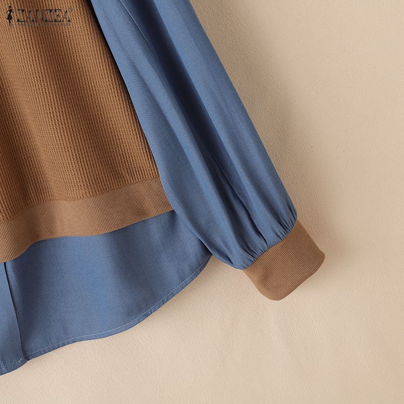 ZANZEA Women Casual Round Neck Patchwork Long Sleeve Loose Autumn Pullover Tops