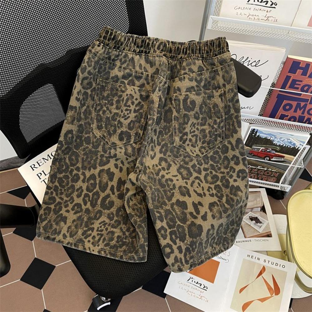 American Retro Leopard Print Denim Shorts Men's High Street Niche Loose Design Five-point Mid-pants