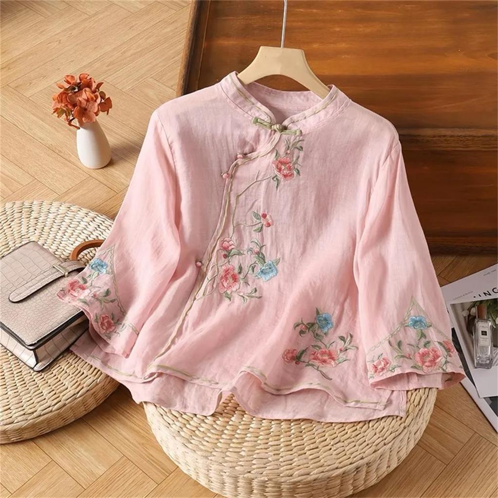Women's Vintage Inspired Loose Fit Embroidered Mandarin Collar Button Front Cotton Linen Blend Blouse With Three Quarter Sleeves