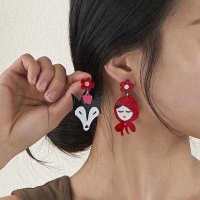 Creative Cartoon Stud Earrings Fun Little Red Riding Hood With Big Bad Wolf Acrylic Asymmetrical Drop Earrings