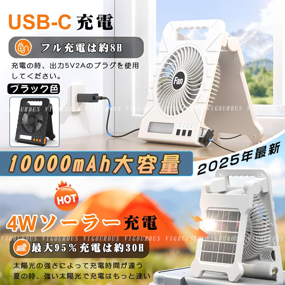 2025 Lanternă Solară cu Lumină Puternică USB 4 Viteze Ale Vântului 4 3 LED Lumină DC pentru Living, Masă, Mașină și Urgență Include Manual de Instrucțiuni în Japoneză Ventilator, 10.000mAh