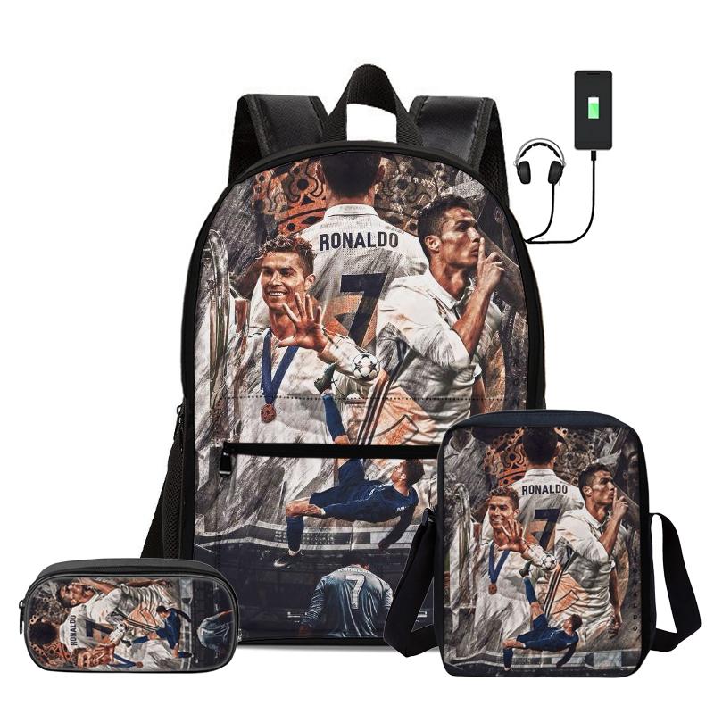 Children 3Pcs Set Daily Pack Football Star Rucksack Best Gift Pupil School Carry Carrier Pencil Bags M-Messis School Bag