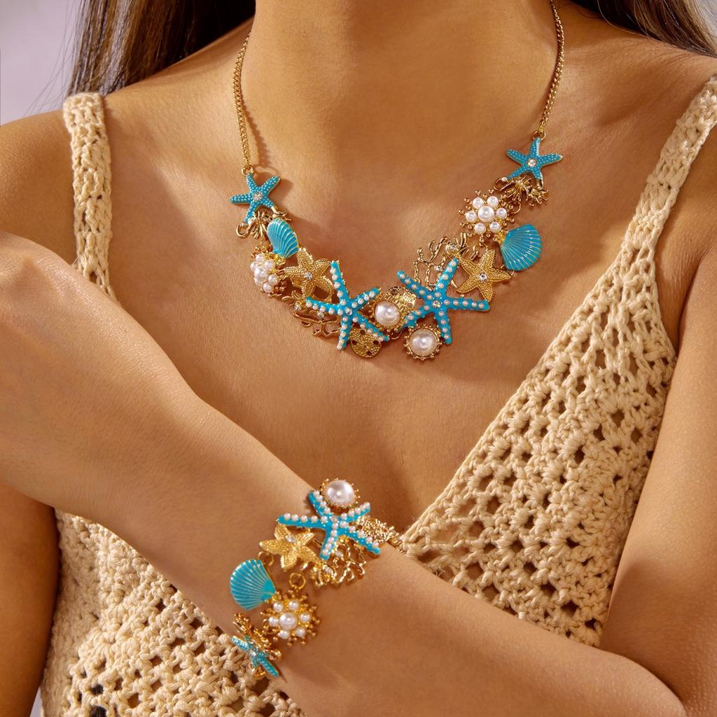 Imitation Pearl Blue Enamel Starfish Shell Coral Necklace Bracelet Set For Women Men Summer Sea Animal Beach Party Jewelry Set