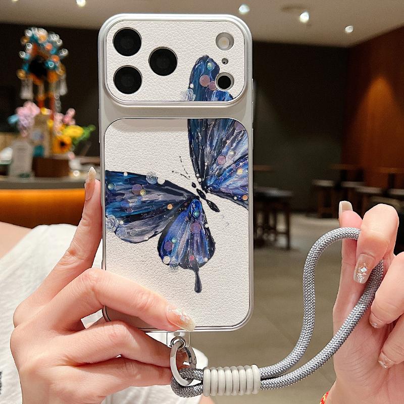 Butterfly Print Leather Lanyard Case For iPhone 18 Pro Max 17 16 15 14 13 Pro Max Luxury Hybrid TPU+PU Anti-skid Soft Phone Cover