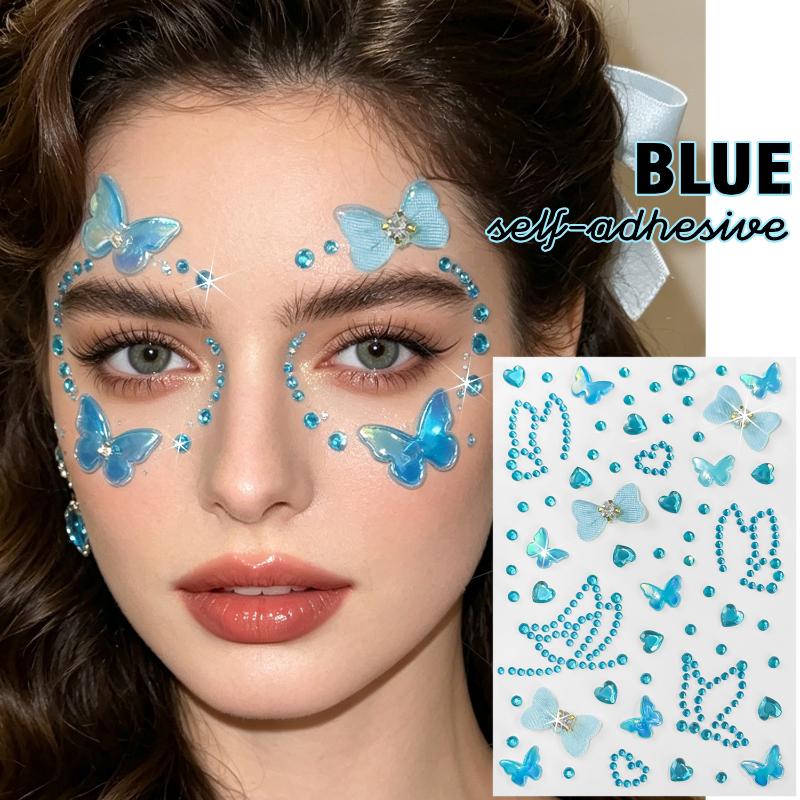 1Pcs Self-Adhesive Face Gems Stickers Rainbow Butterfly Bowknot Rhinestone for Clubbing Night Out Makeup