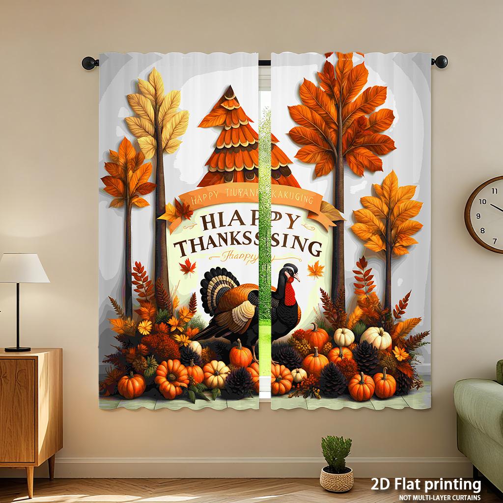 Piece Set High Definition Digital Printed Curtainsthanksgiving Autumn Colors Leaves Turkey Pumpkins Decorative Elementshome Curtain Polyester