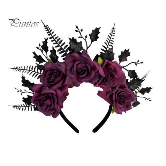 Fascia Nera con Testa di Rosa per Halloween, Fascia, Ghirlanda di Fiori e Foglie Cerchietti per Capelli Fasce, Accessori Gotici Donna Copricapo Fascia per Capelli Cosplay Festa Vestito