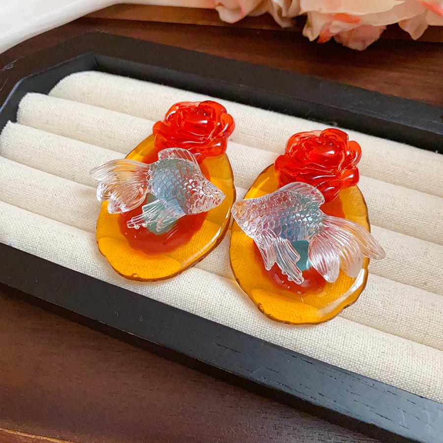 Resin Oval Koi Flower Earrings for Women New Chinese Retro Earrings 2025 Hot Trendy Drop Earring Luxury Designer Zircon