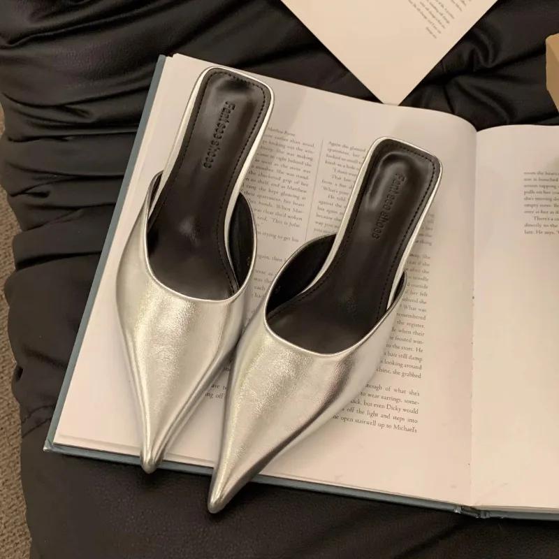 Summer Pointed Toe Heeled Shoes for Women New Fashion Slip on Women's Closed Toe Slippers Outdoor Drsss Party Pumps Women Mules
