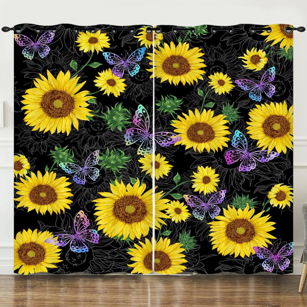Curtains Sunflower Flower Blackout Curtain Living Room Bedroom Digital Printing Curtain No Punching