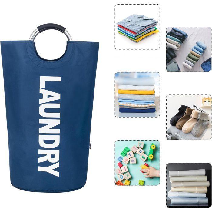 Panier à linge pliable 125 L bleu marine - 44×44×80 cm, cadre aluminium, poignées rembourrées