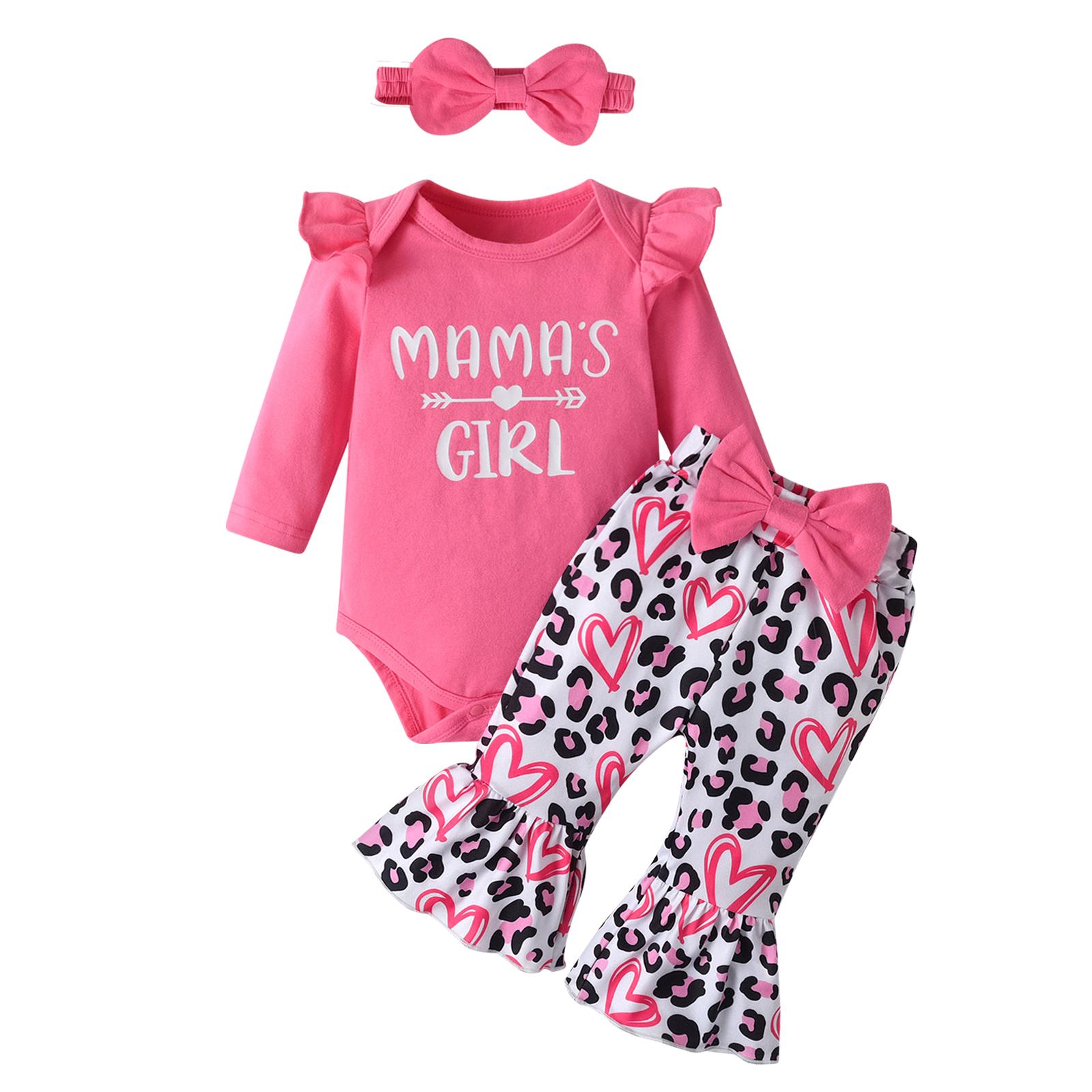Fashion Newborn infant Baby Girl Outfit Printed Long Sleeve Romper Top and Bowknot Flared Pants with Headband 3PCS Clothes Set Newborn