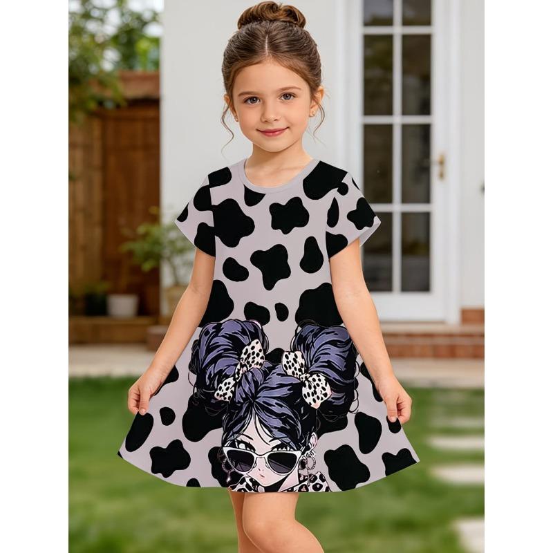 

Cartoon Girl Graphic Dress for Girl Summer Beach Outfit Casual Nightgown O-Neck 3D Print Short Sleeve Dress Fashion 110