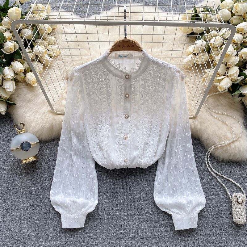 

Модный топ с воротником-стойкой, приталенного кроя, легко сочетающийся, с рукавами-буфами, кружевной White L