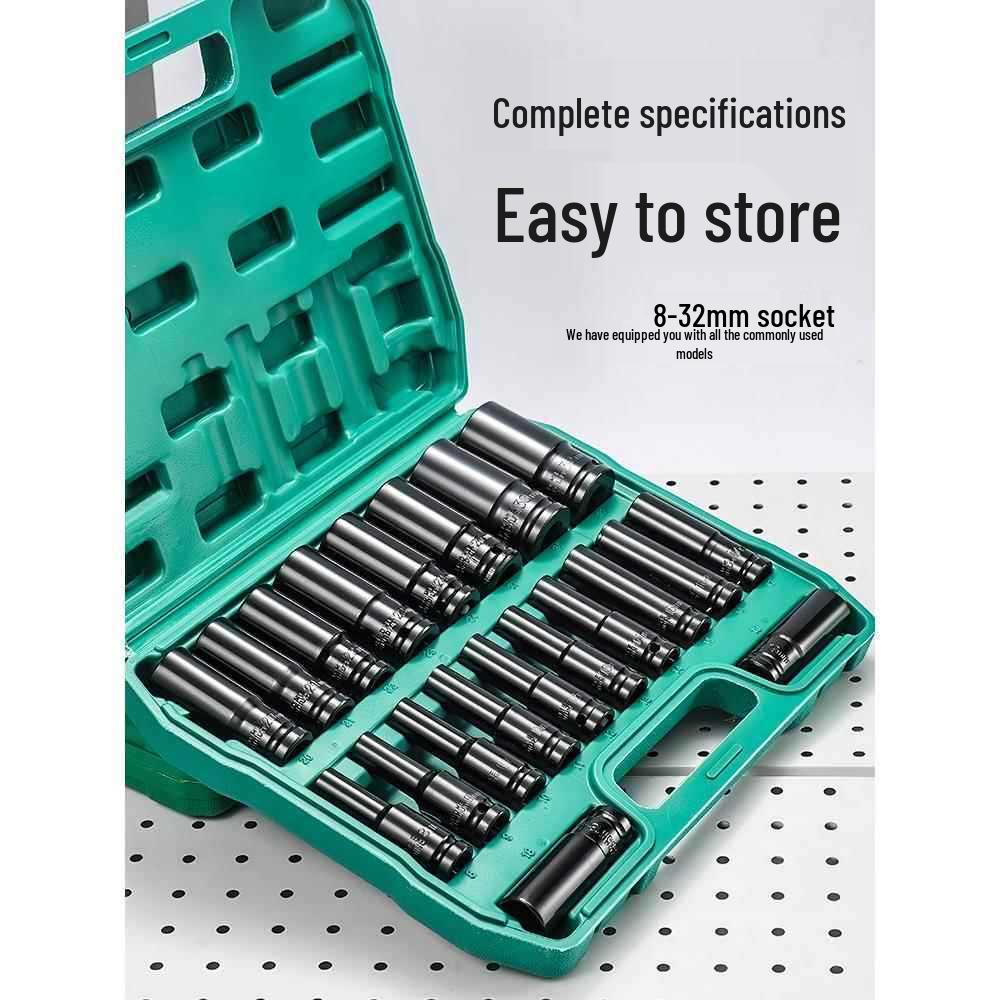 Extended Electric Socket Wrench Set with Large, Medium & Small Hexagonal Air Gun Heads for Auto Repair