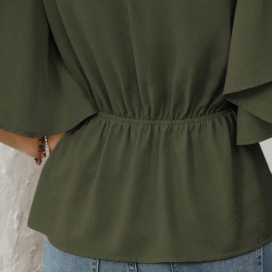 Damskie Bluzki Dekolt V Krótki Rękaw Motylkowy Jednorzędowa Koszula Miękki Elastyczny Design w Pasie Casualowa Bluzka Na Imprezę Wakacje Biuro Randkę