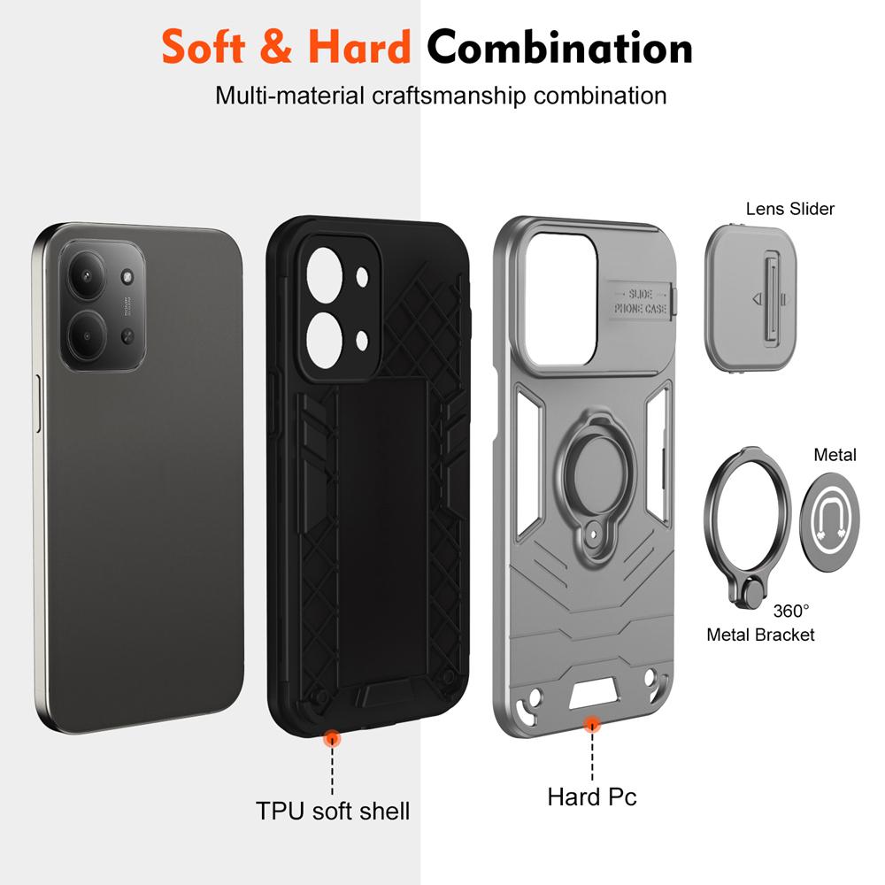KEYSION Shockproof Armor Case for Xiaomi POCO C85 Slide Camera Lens Protection Ring Stand Phone Back Cover for Redmi 15C 171mm 173mm