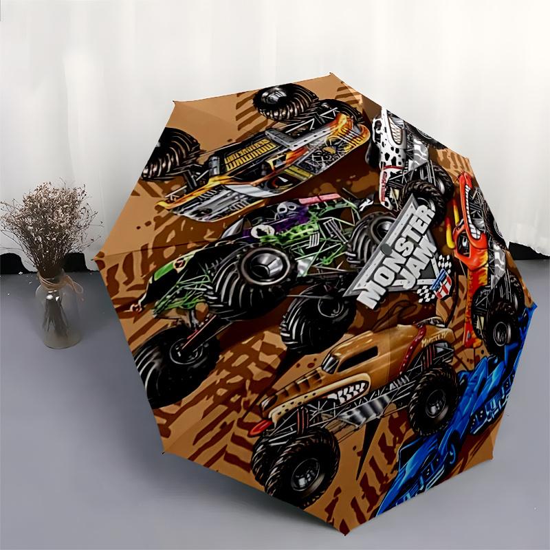 Ombrello da Viaggio a Tema Monster Truck con 8 Stecche, Apertura e Chiusura Automatiche, Design Pieghevole Portatile, Ombrello Compatto ed Elegante Adatto per