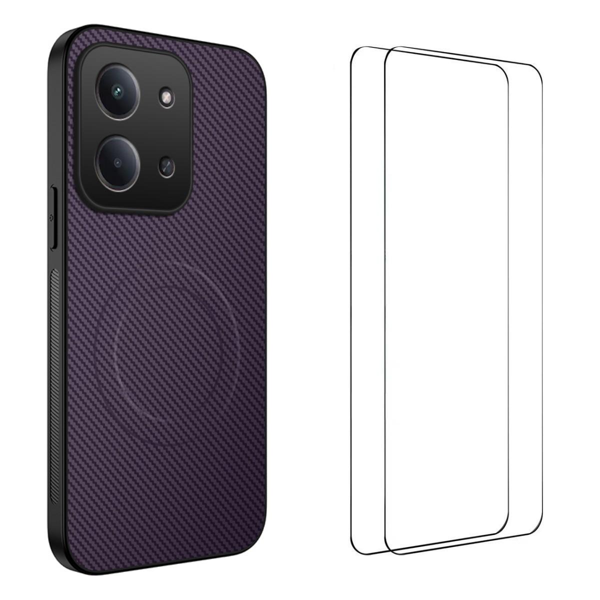 

Для Xiaomi Redmi 15C 4G (173мм) Магнитный чехол WANLONFENG серии TQ1 с текстурой углеродного волокна, ПК ТПУ чехол для телефона с 2 шт. защитных пленок для экрана Purple