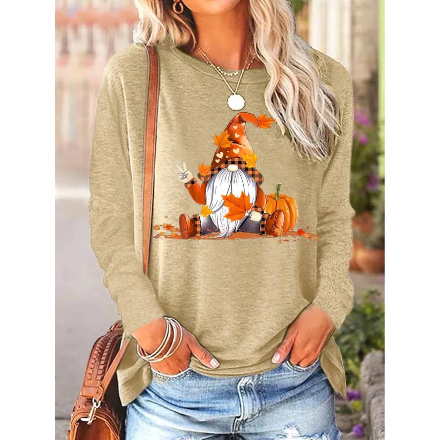 Tricouri cu mânecă lungă cu imprimeu amuzant pentru femei Pulover de zi cu zi Toamna Gnomi Toamna Dovleac Ziua Recunoștinței Topuri casual Harajuku