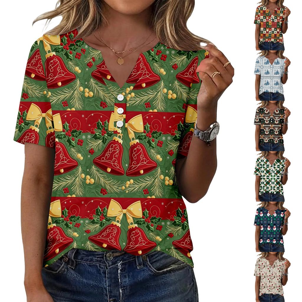 Women's Fashion Casual Christmas Print V-Neck Short Sleeve Button T-Shirt Top for Holiday and Everyday Wear