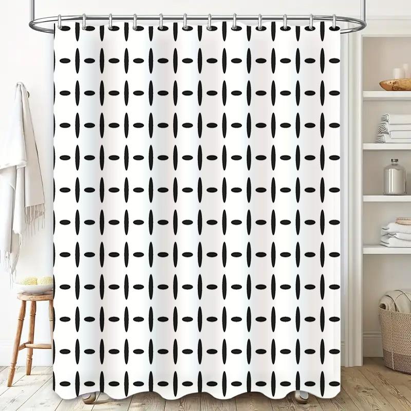 Modern Black White Shower Curtain with Long Tapes Decorative Pattern Waterproof for Bathroom (White Black)