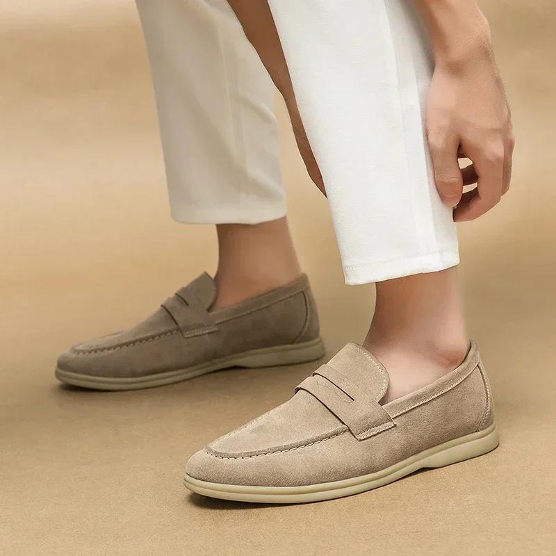 Luxury Men's Loafers Soft Sole Casual Shoes Comfortable Flat Beige Business Shoes Moccasins Suede Leather Slip on Shoes for Men