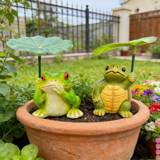 2 Pcs Umbrella Frog Garden Statue Cute Frog Turtle Holding Umbrella Figurine Resin Sculpture for Fish Tank Planter Pot Patio Pond Decor
