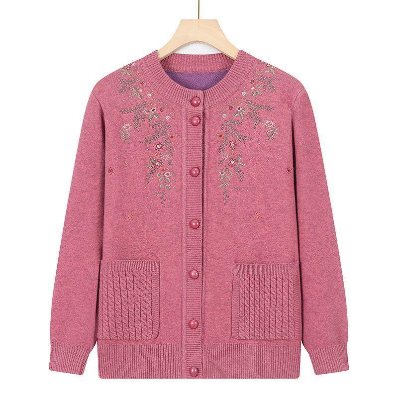 Warm Embroidered Knit Sweater for Elderly Women - Fleece-Lined Autumn/Winter Jacket for Grandmothers and Mothers